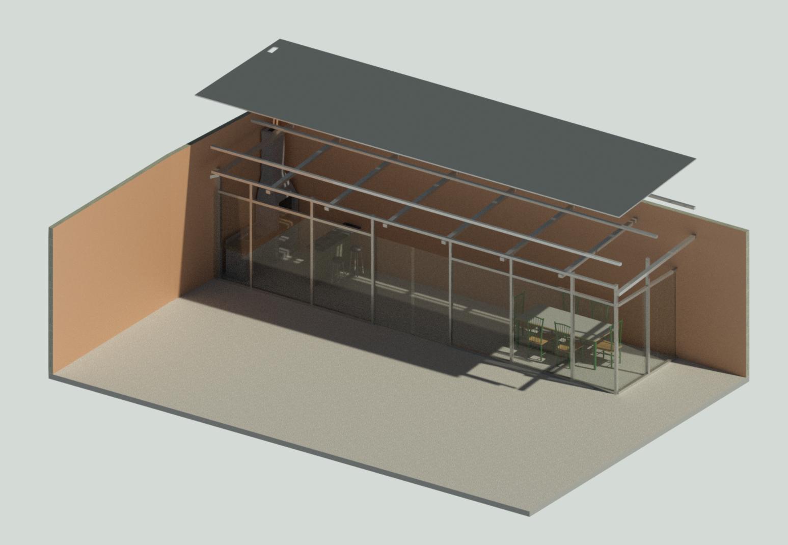 Com o objetivo de demolir o quiosque já existente e não reaproveitar sua estrutura, foi concebido um projeto de um novo quiosque com toda a sua estrutura em steel frame, com vidro entre as barras, e uma porta de correr para sua entrada.